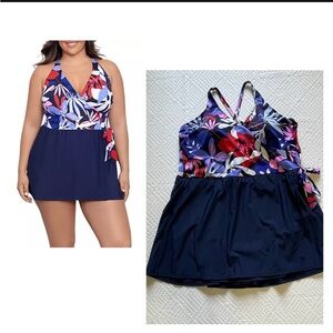 NWT Sonnet Shores Leaf Swim Dress Plus Size 24W Built On Bra Crisscross Blue